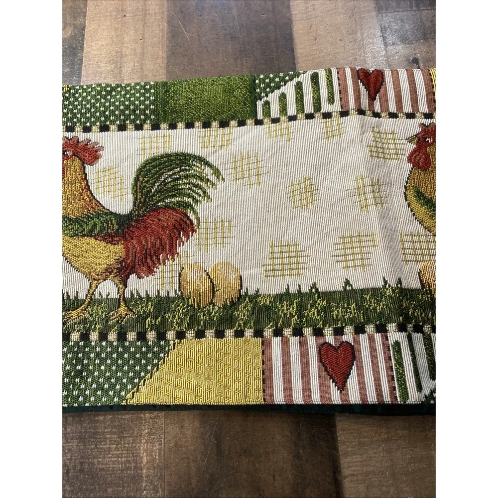 Vtg 90s Rooster Tapestry Table Runner Patchwork Hearts‎ Country Farmhouse Woven
